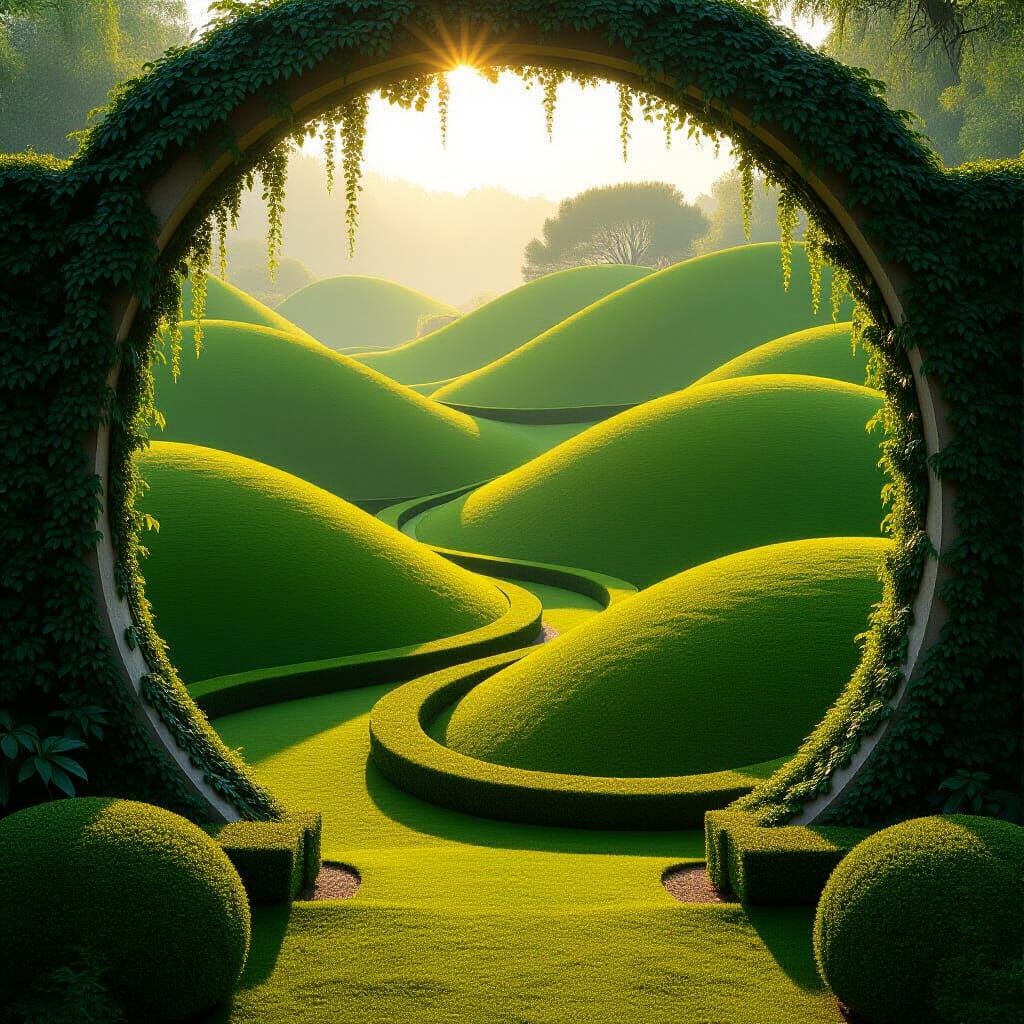 Sweeping Green Forms in Surreal Landscape Painting