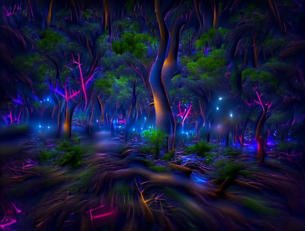 Neon Lit Magical Forest at Night in 8K