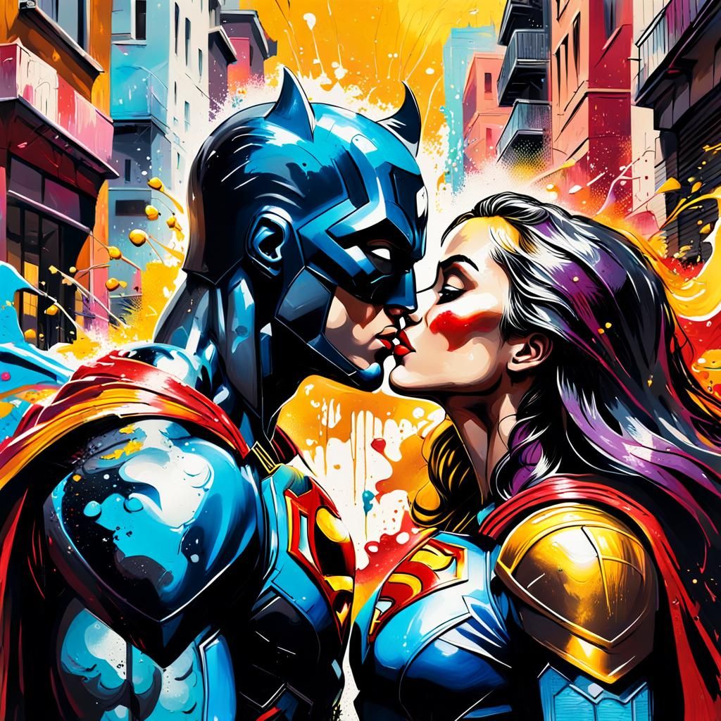 Superhero Kiss in Vibrant Graffiti Art