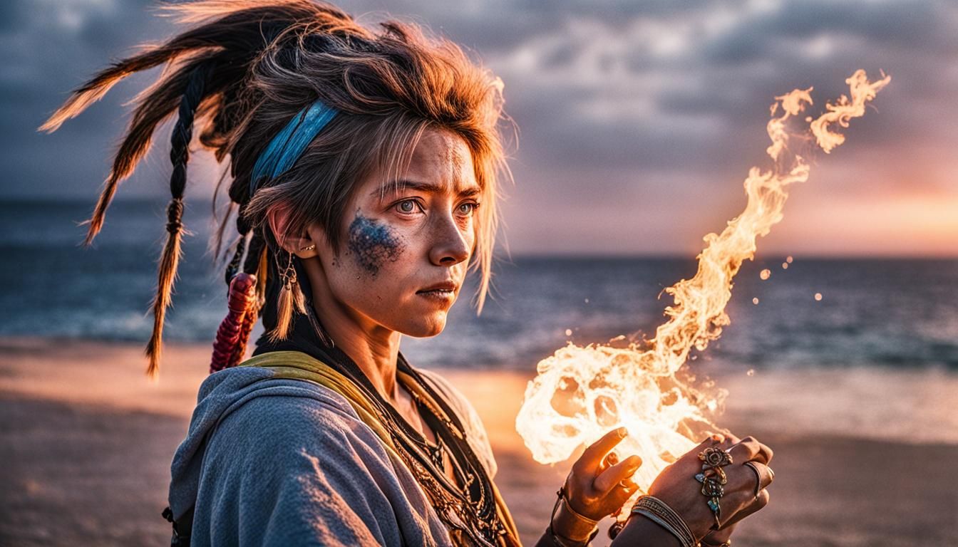 Woman Casting Magic at Sunset on Island Coast