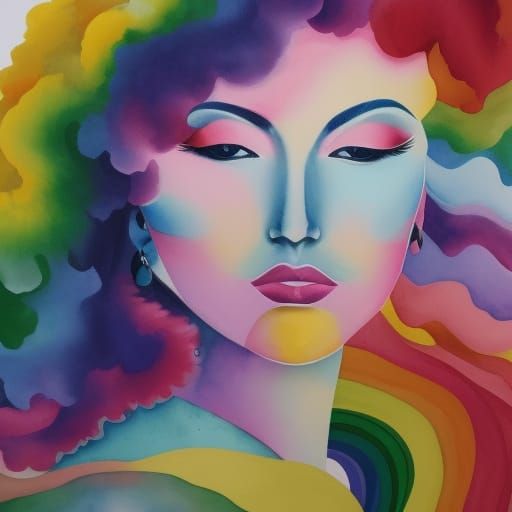 Watercolor Rainbow Woman in Cloudscape