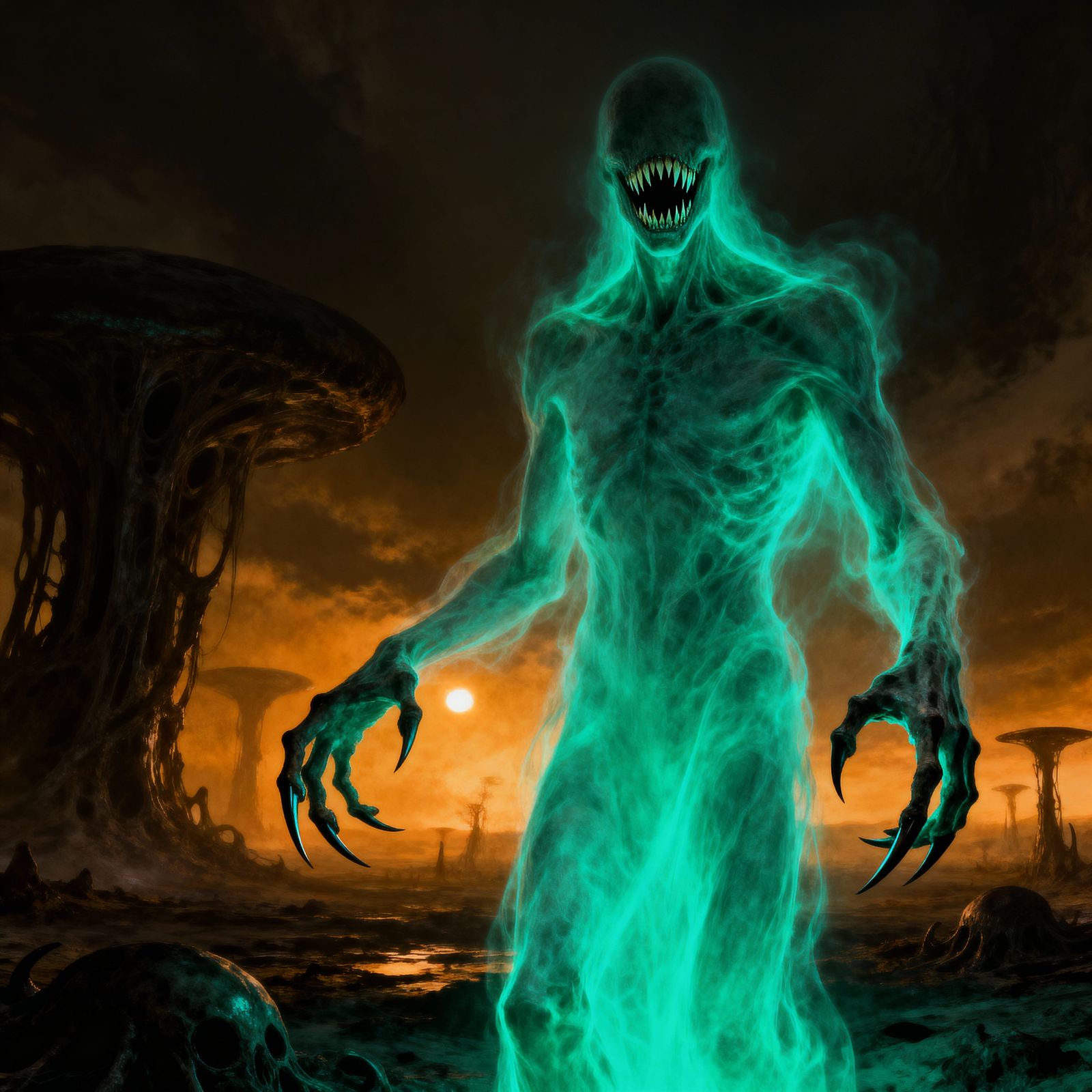 Ethereal Ghost with Emerald Aura and Monstrous Features