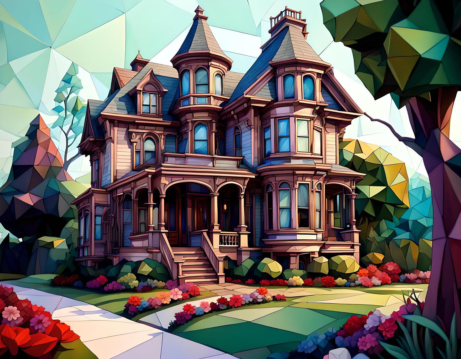 A beautiful low poly fantastical victorian house, trees, flo...