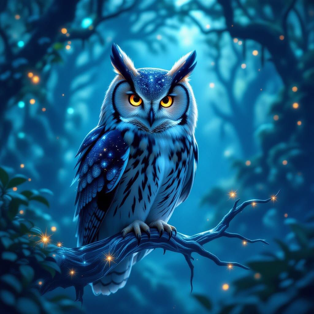 Majestic Owl with Nebula Feathers in Bioluminescent Forest