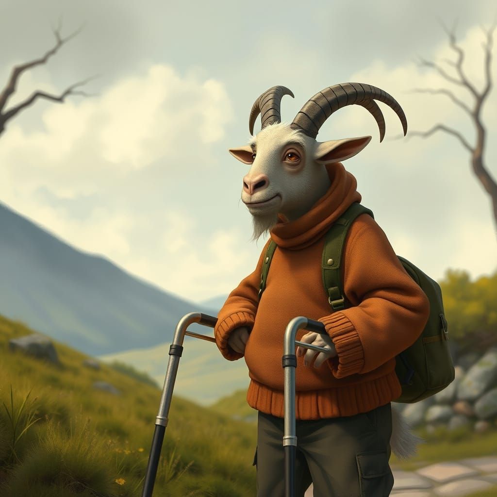 Whimsical Goat-Man in Serene Landscape
