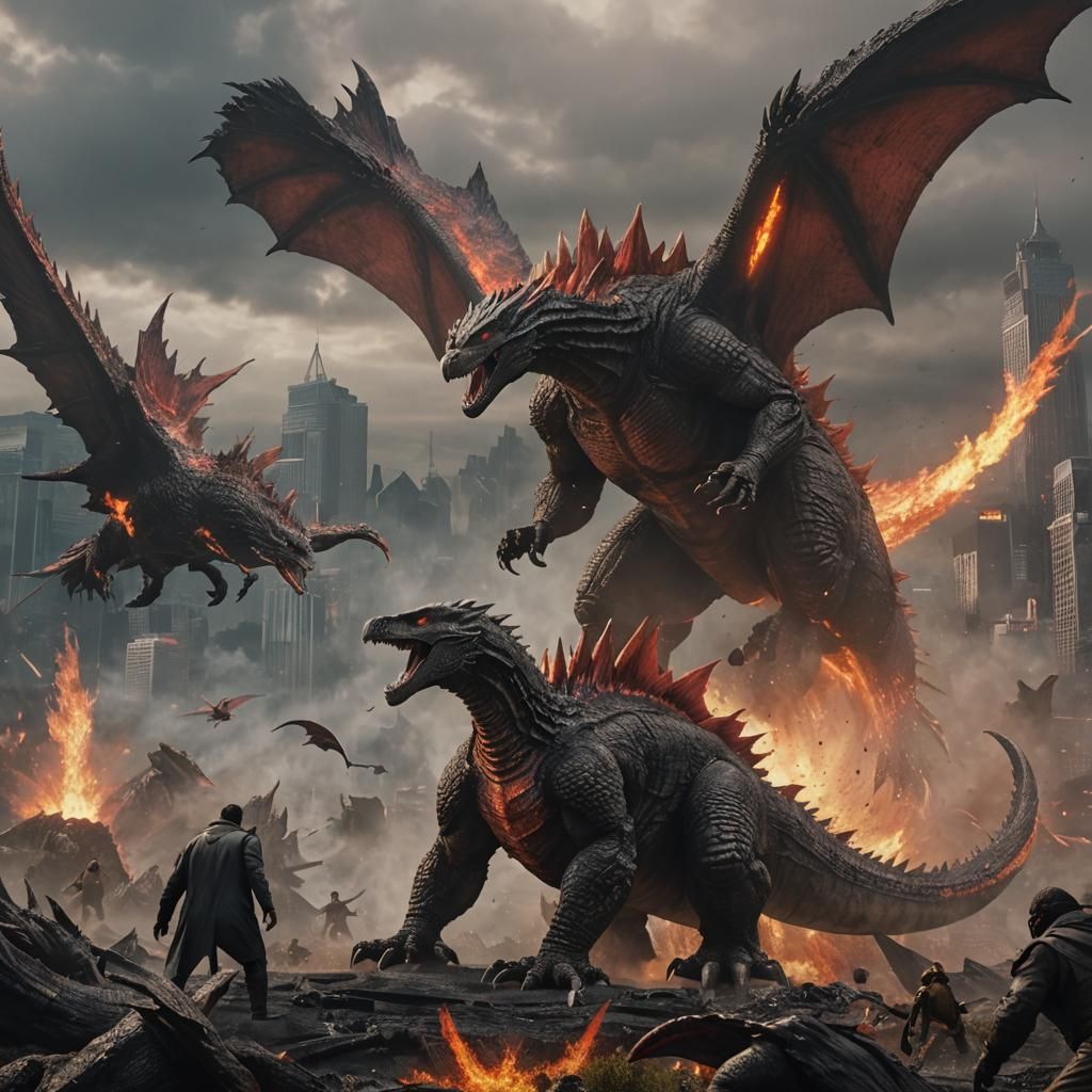 Godzilla fighting Rodan from the famous Toyo movies, 4k resolution, Unreal Engine meticulous detailed, colorful eerie l...