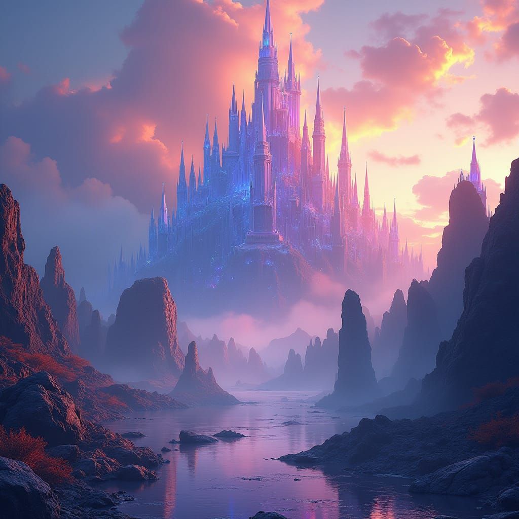 Crystal Spire Citadel in Vibrant Gradient Skies