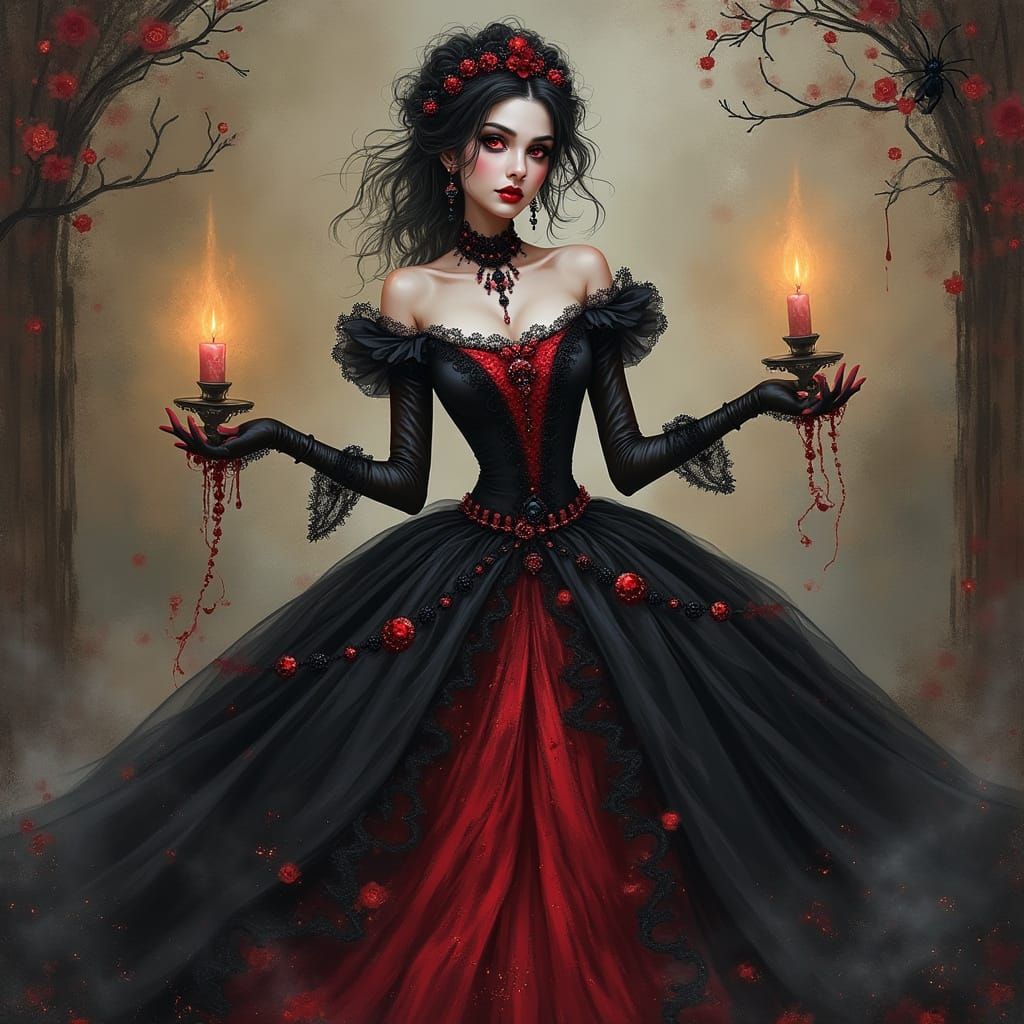 Elegant Vampire Lady in Crimson Gown Amidst Halloween Fantas...
