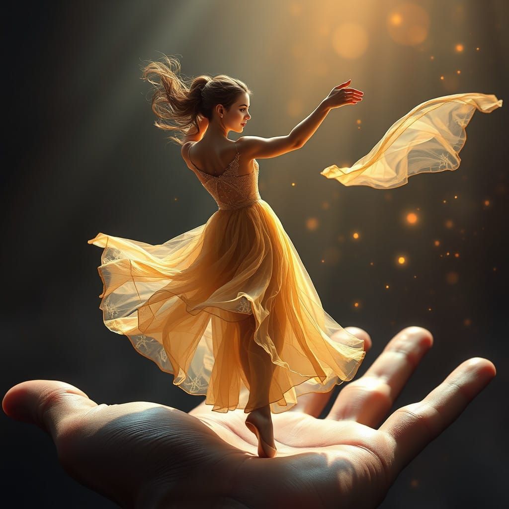 Sensual Ballerina Dances on an Enlarged Hand in Warm Light