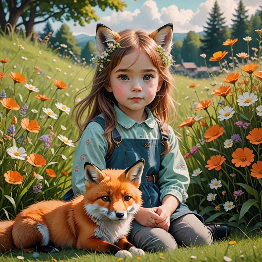 Vibrant Mix Media Portrait of a Girl and Fox in a Floral Mea...