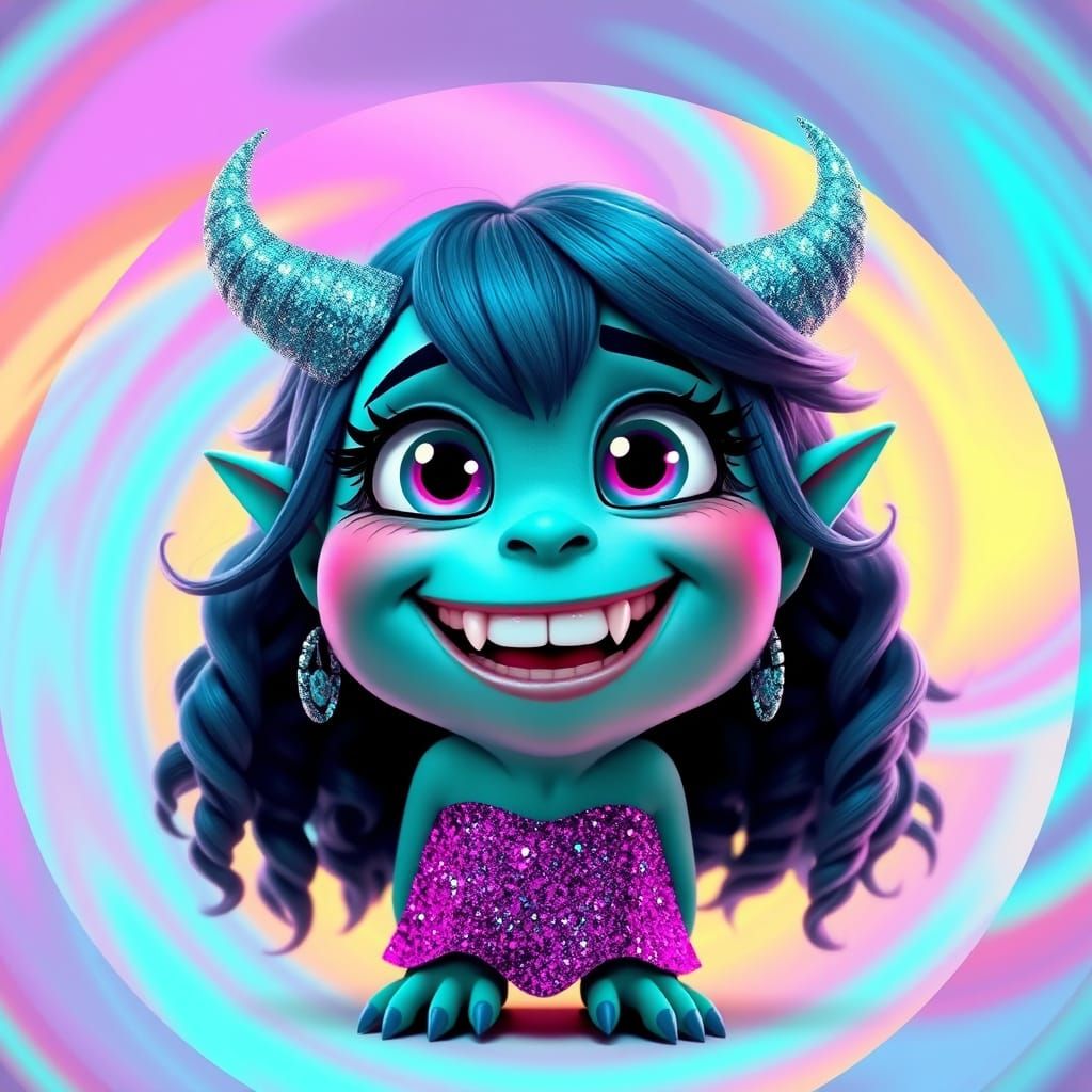 Whimsical Cyberpunk Cartoon Siren with Glittering Neon Eyes