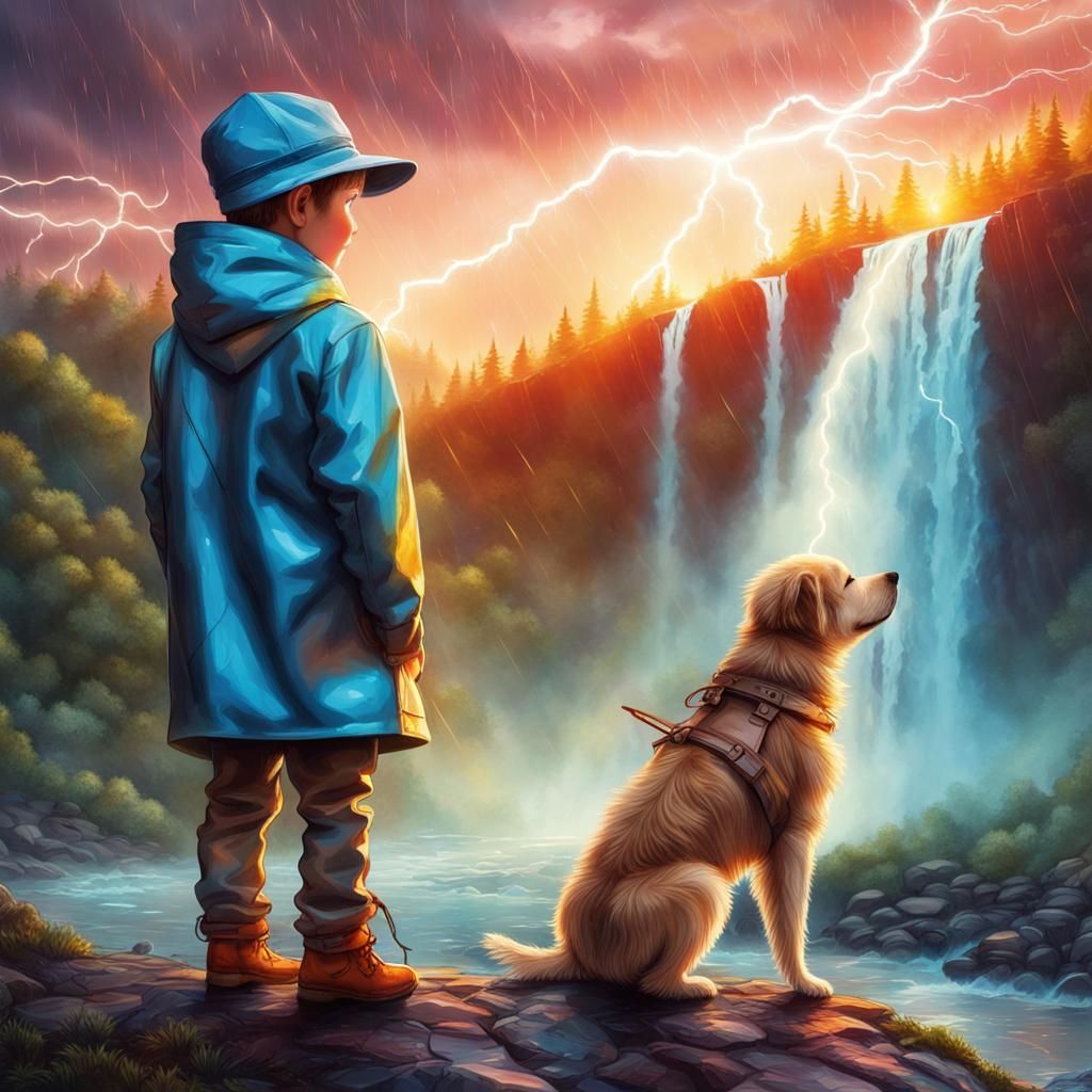 Boy and Dog at Waterfall in Astral Landscape