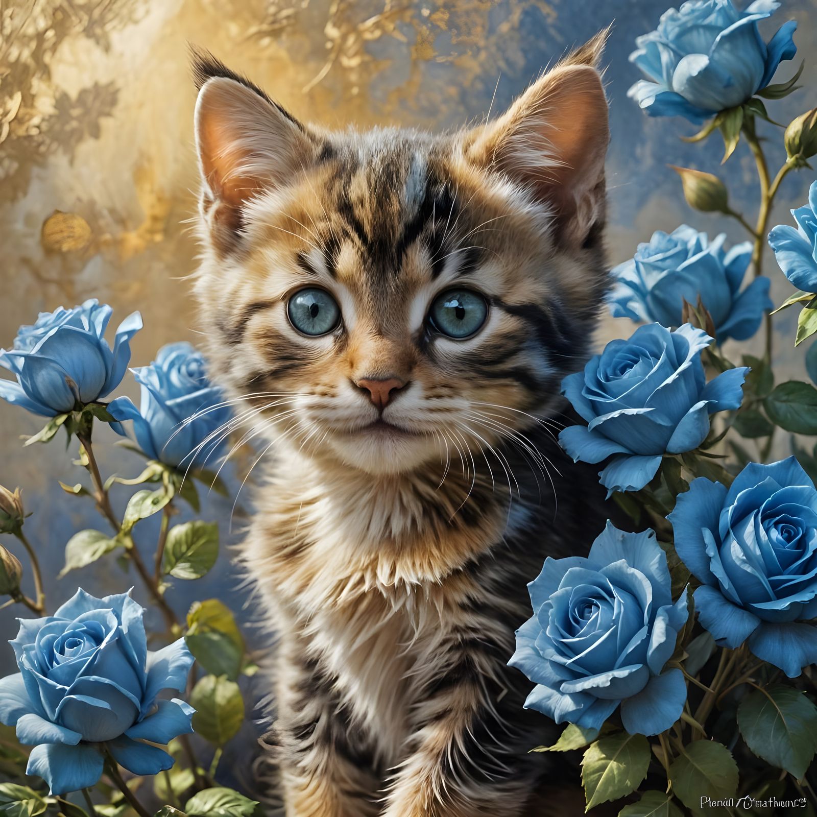 Elegant Tabby Kitten in Blue Roses