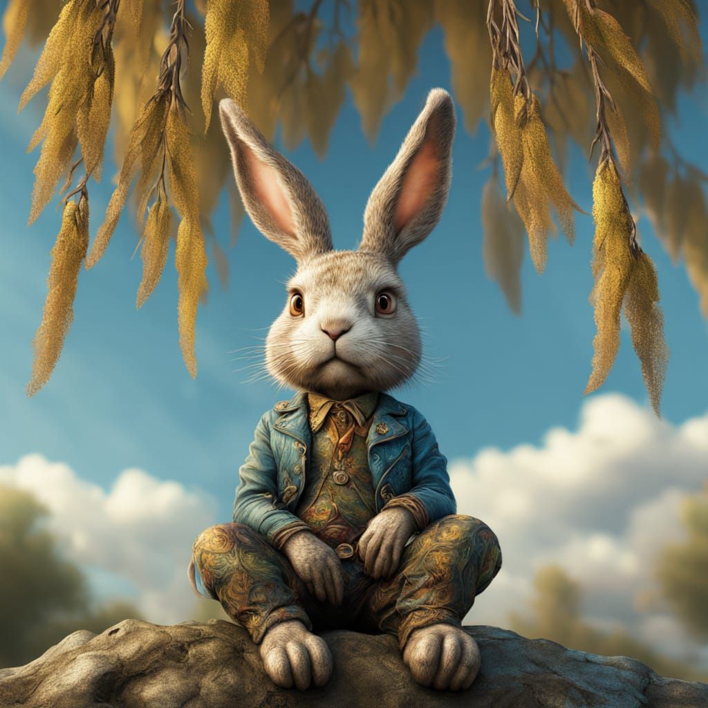 Surreal Rabbit Contemplates Existence Under Vibrant Willow