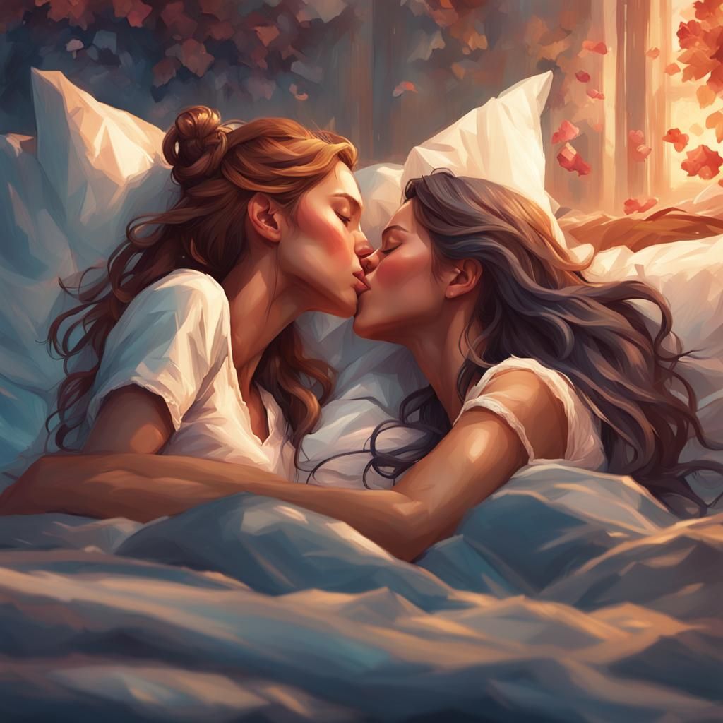 Two Girls Kissing: Hyperdetailed Art Nouveau Portrait