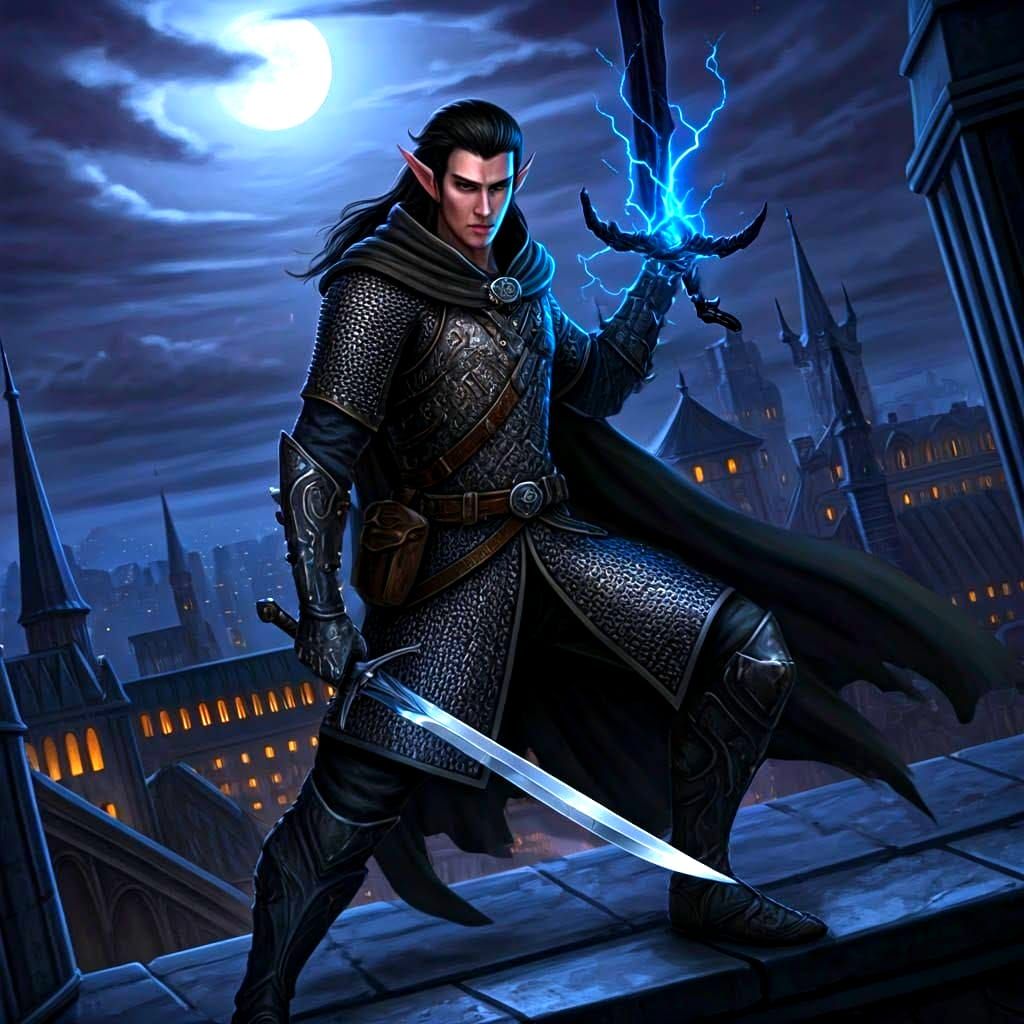 Half-Elf Rogue on Rooftop with Lightning Sword