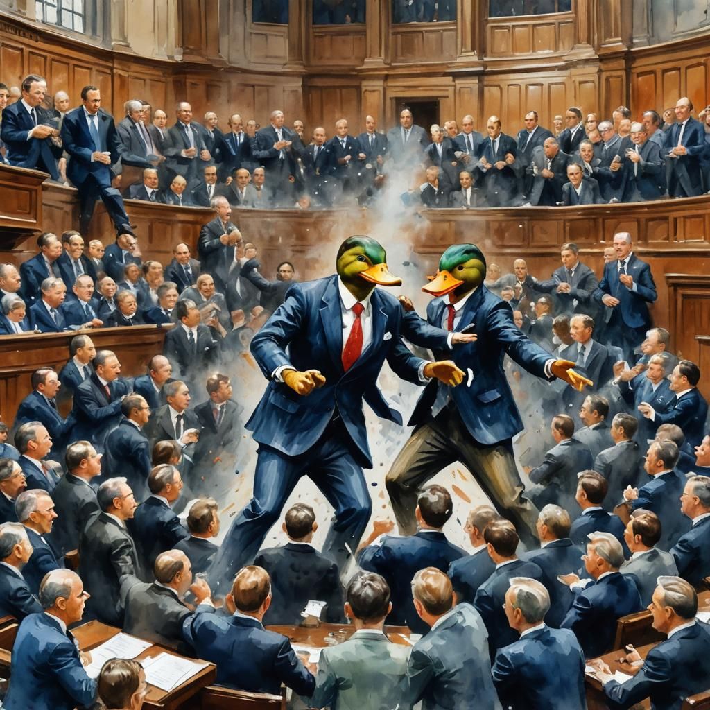 Ducks in Suits Fight in Parliament: Gouache Watercolor