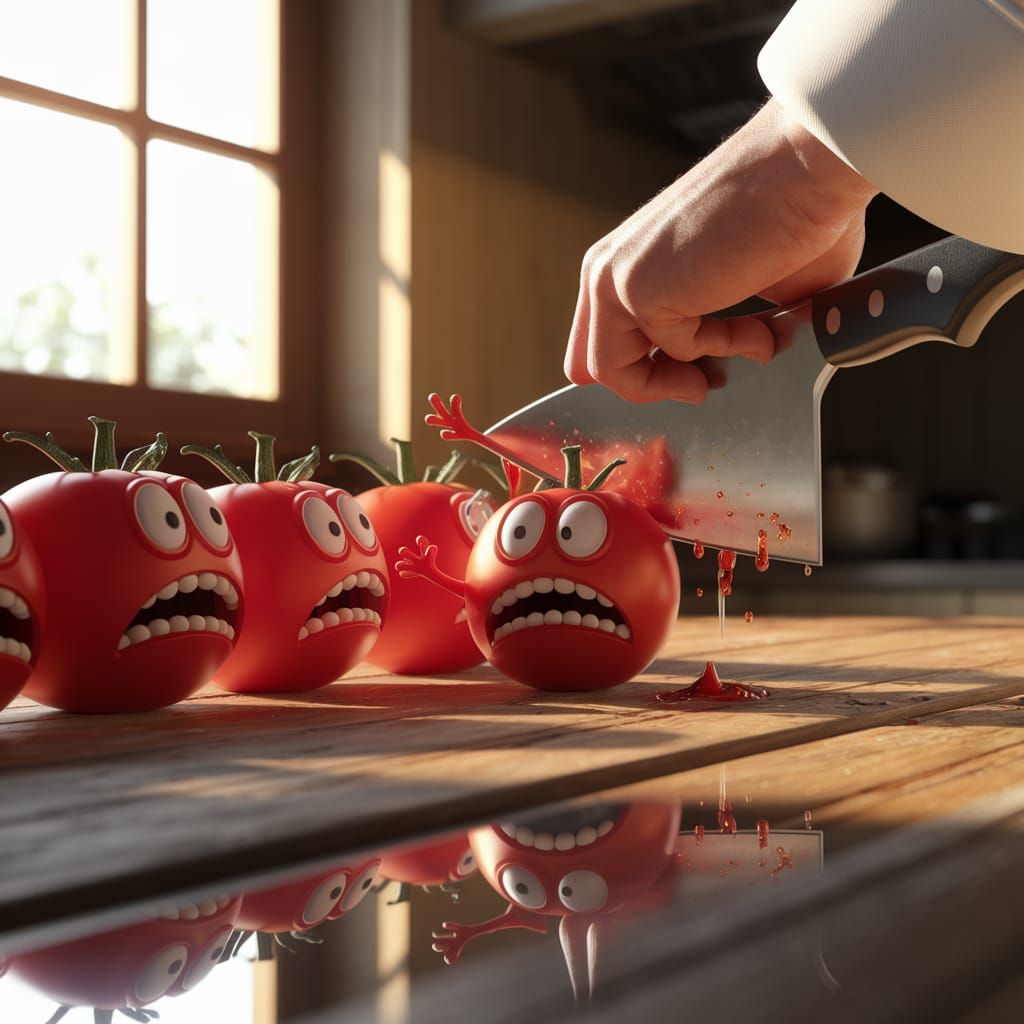 Cartoon Tomatoes Face Chopping Block in Kitchen