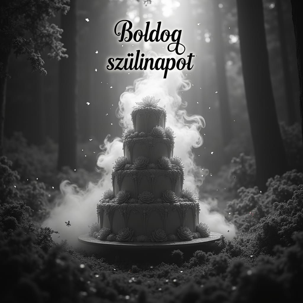 Ethereal Birthday Cake in Mystical Forest, Black and White