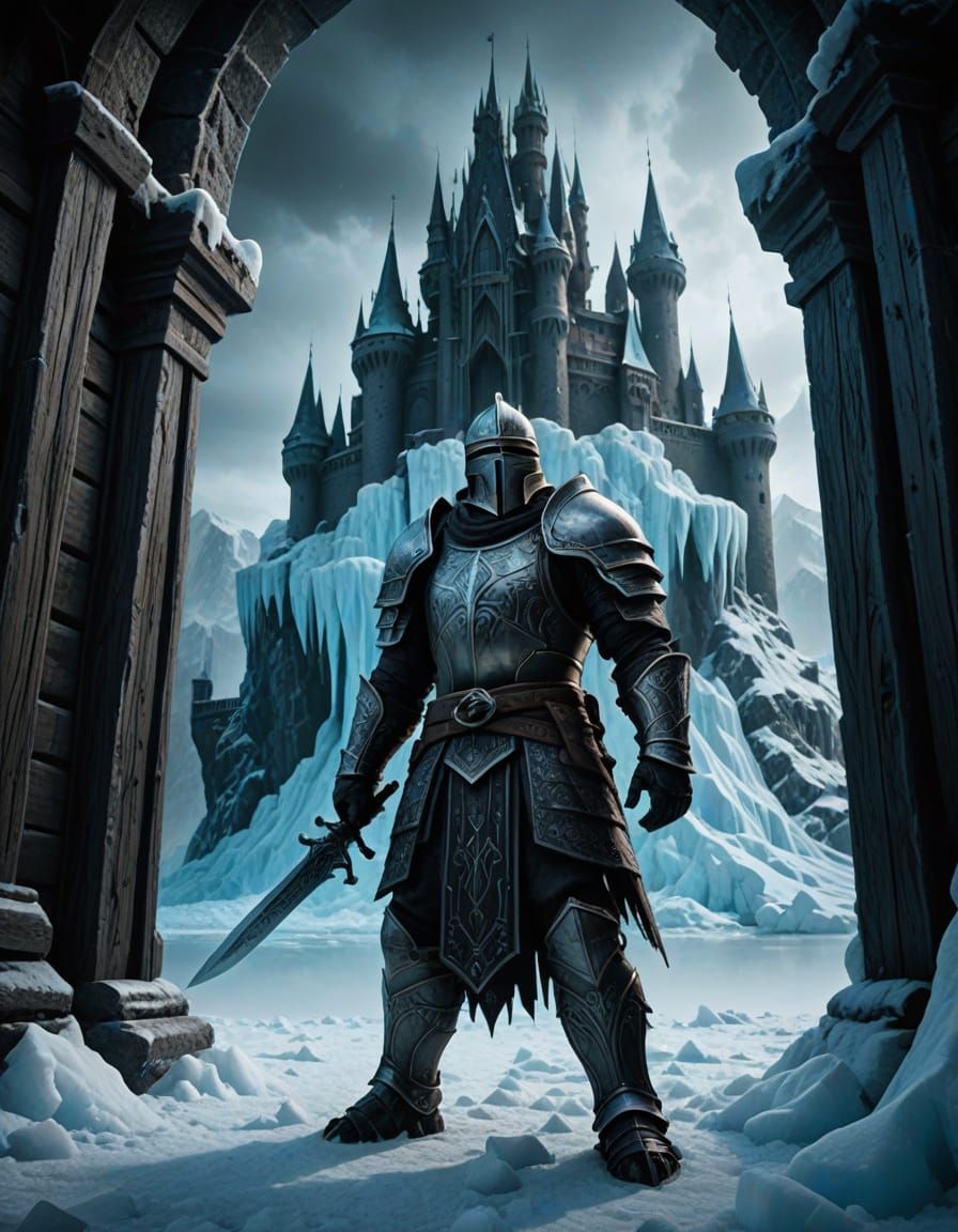 Epic Dark Fantasy Knight Stands Before Frozen Ice Castle