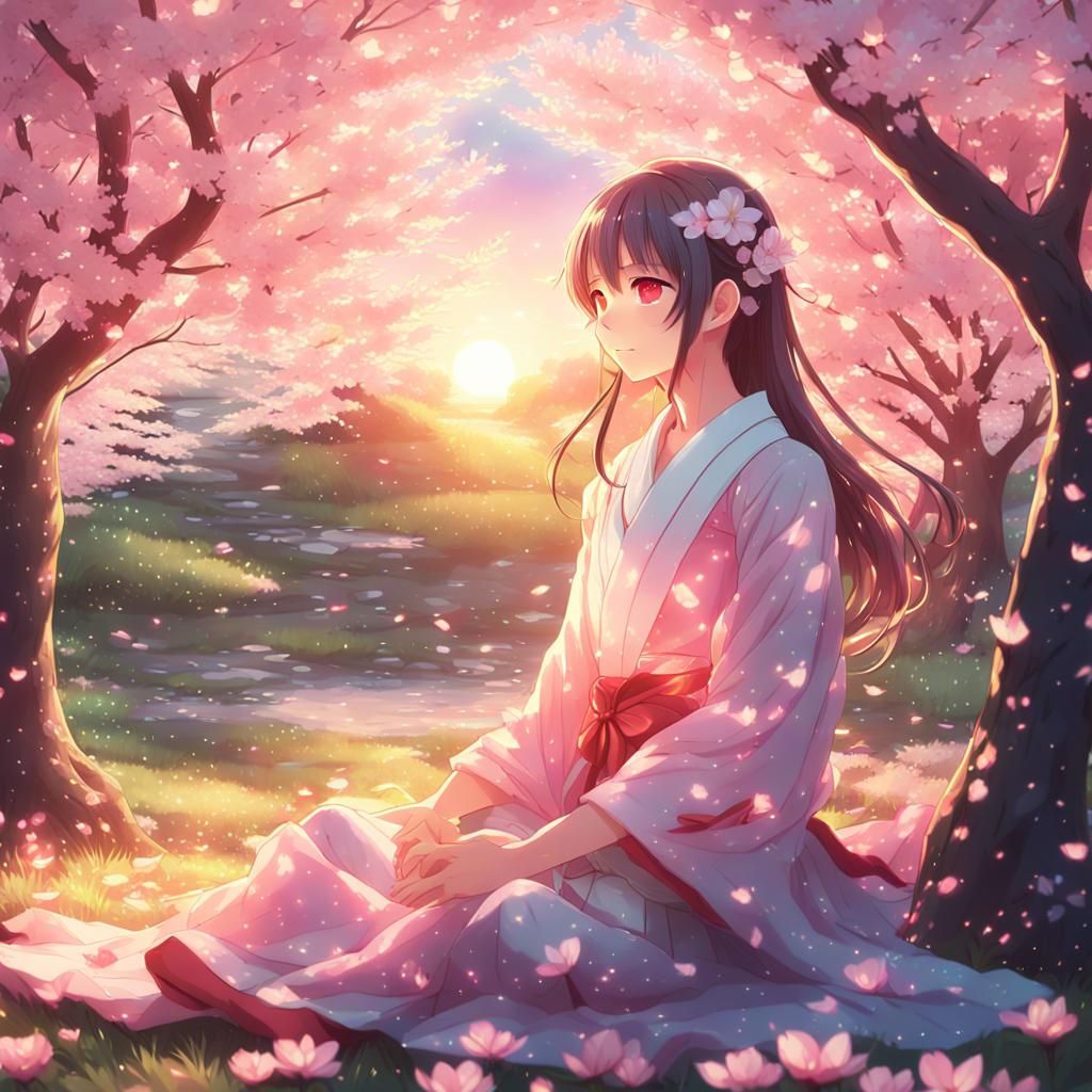 Anime Girl in Cherry Blossom Garden