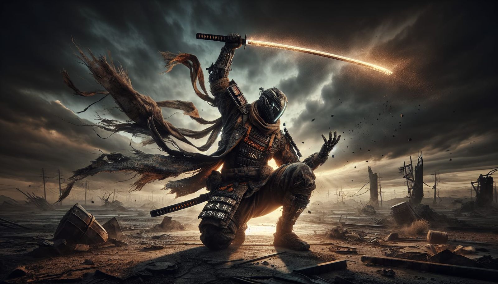 Cyberpunk Samurai Warrior in Post-Apocalyptic Wasteland
