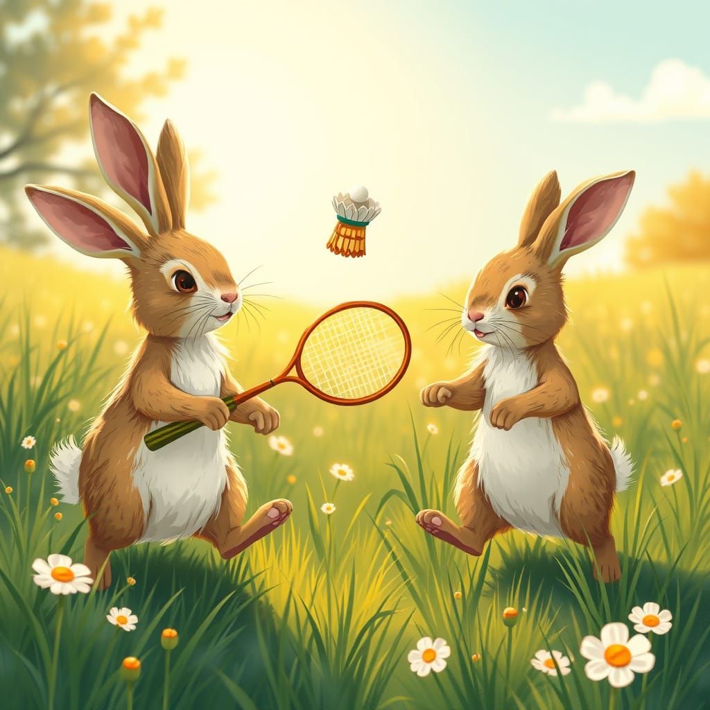 Rabbits Play Badminton in Sunlit Meadow Storybook Style