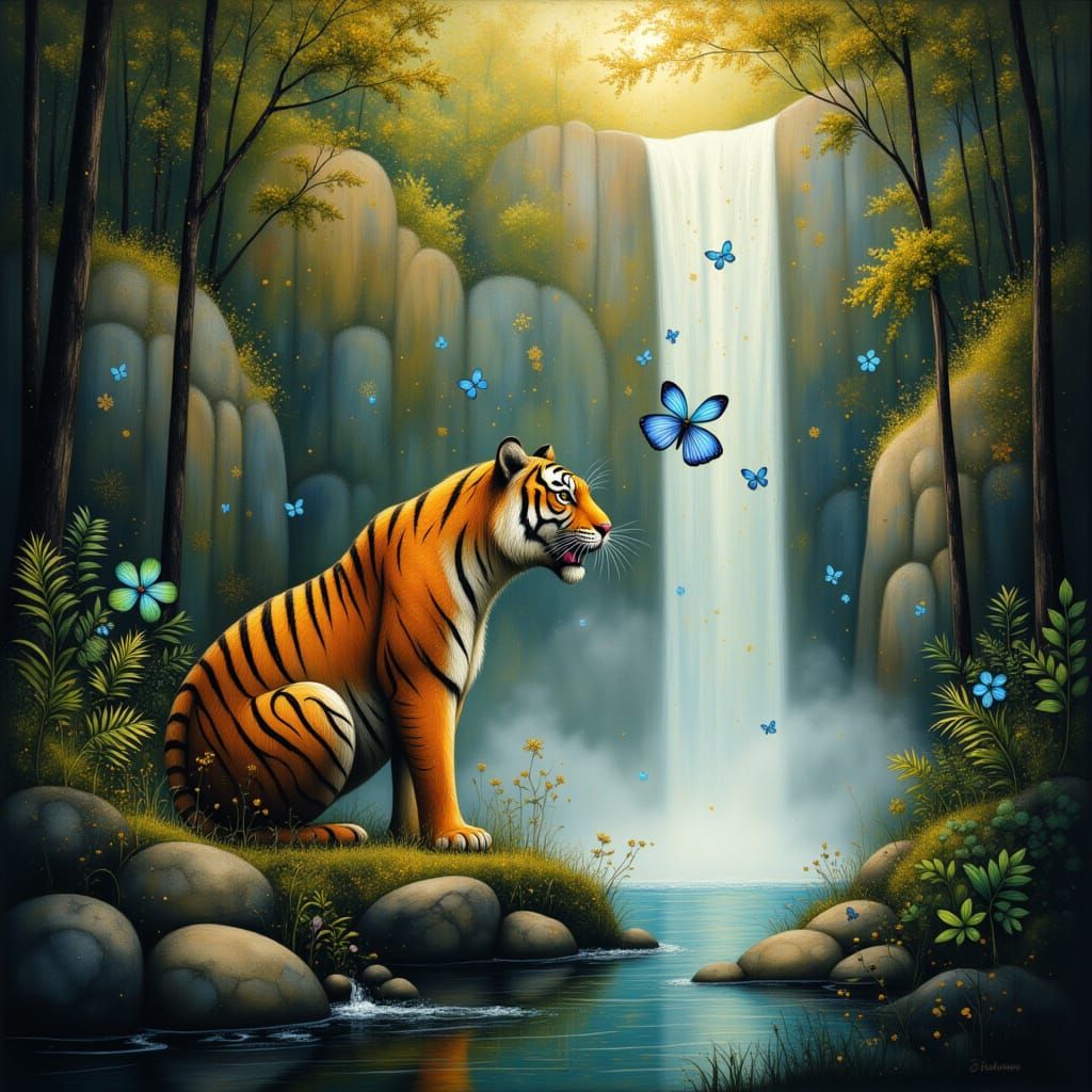 Tiger in Tropical Paradise with Blue Butterflies
