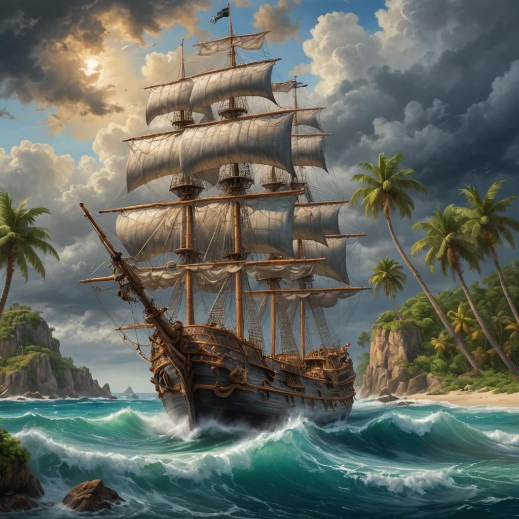 Pirate Ship Arriving at Exotic Island Bay