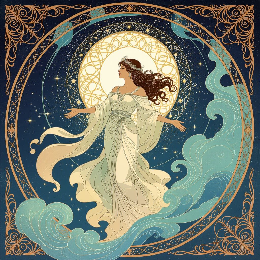 Ethereal Figure Emerges from Cosmic Vortex in Art Nouveau St...
