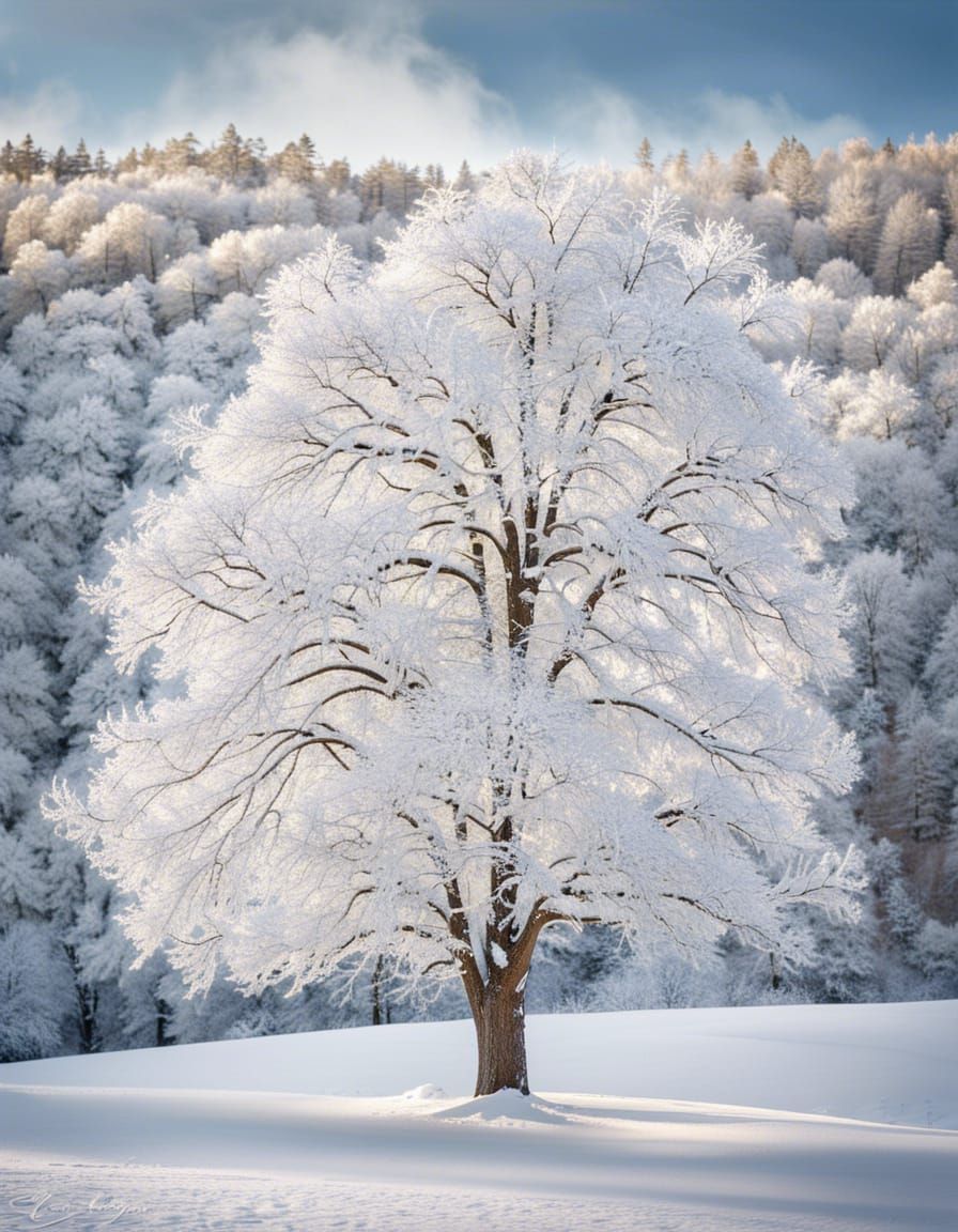 Majestic Tree Covered in Snow: Winter Landscape Photo