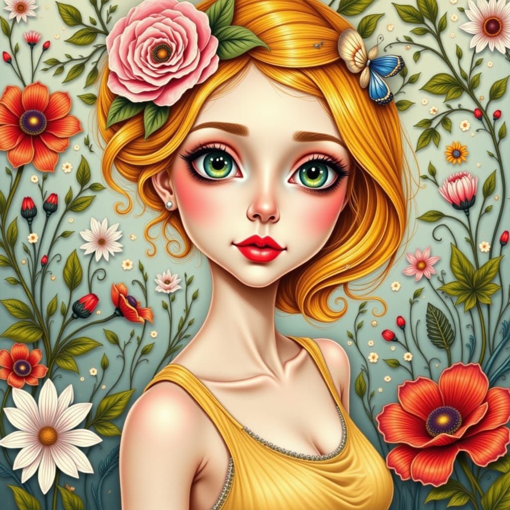 Ethereal Blonde Woman in Floral Caricature Style