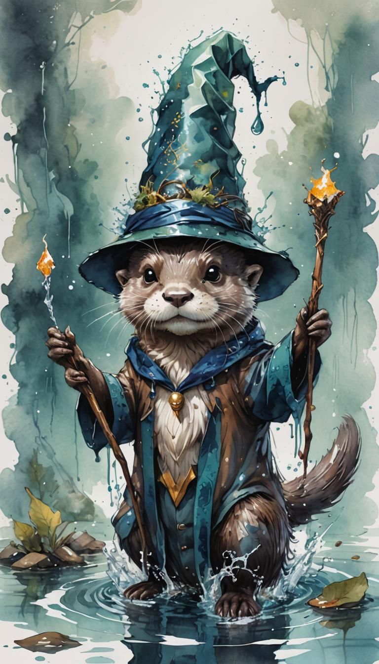 Wizard Otter in Water: Watercolor Manga Illustration