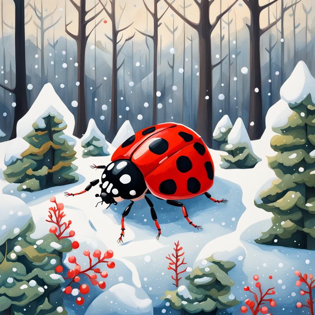 Giant Ladybug in Winter Wonderland: Gouache Painting