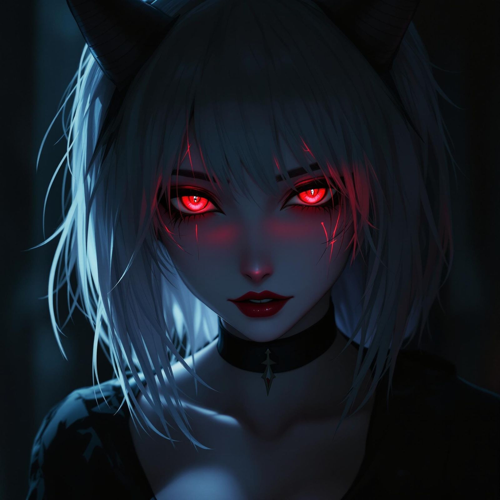 Mysterious Anime Demon Woman in Dark Red Eyes