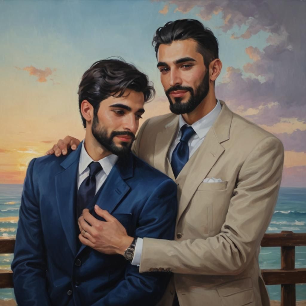 Gay Couple Embrace in Impressionist Oil Painting