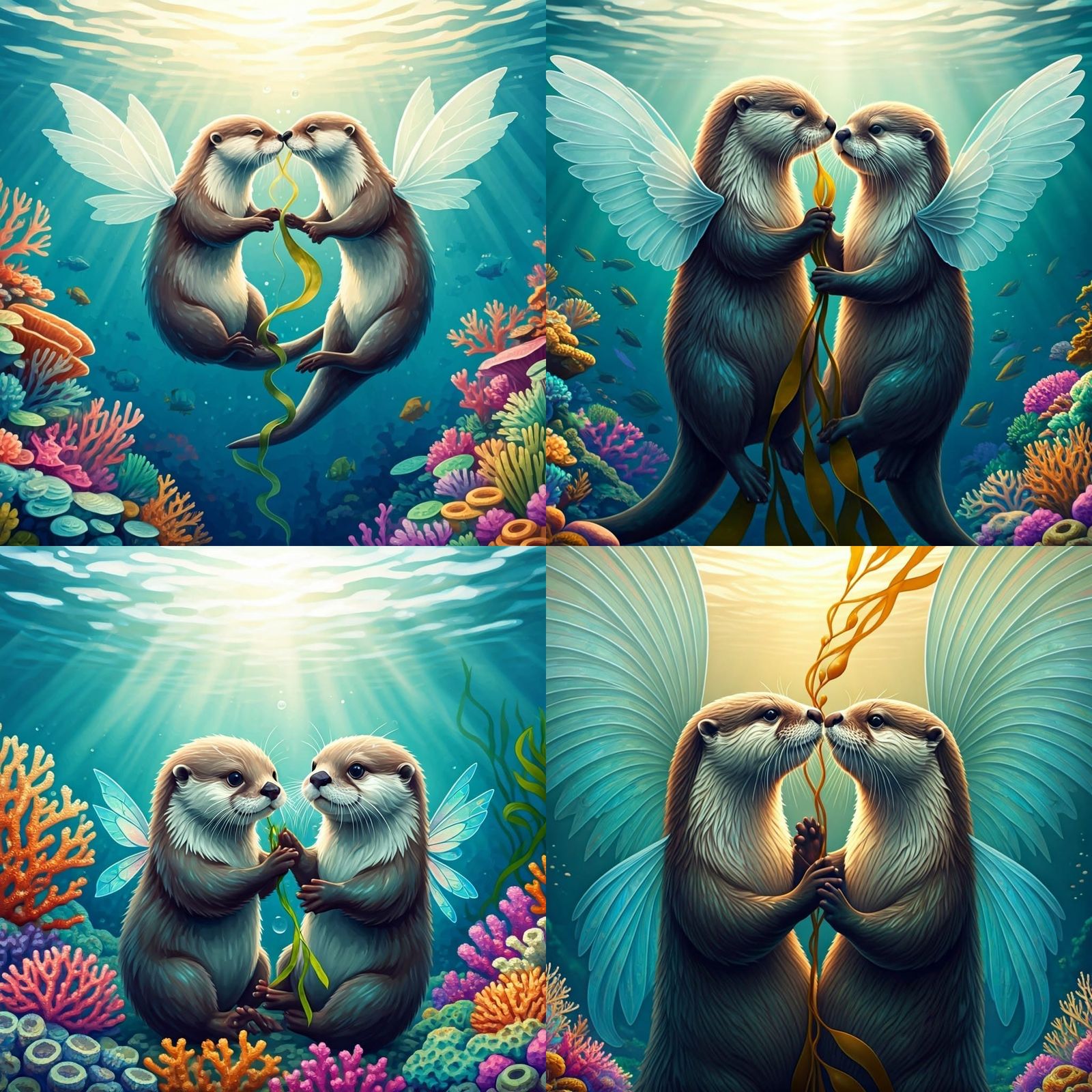 Majestic Otters with Wings in Underwater Embrace