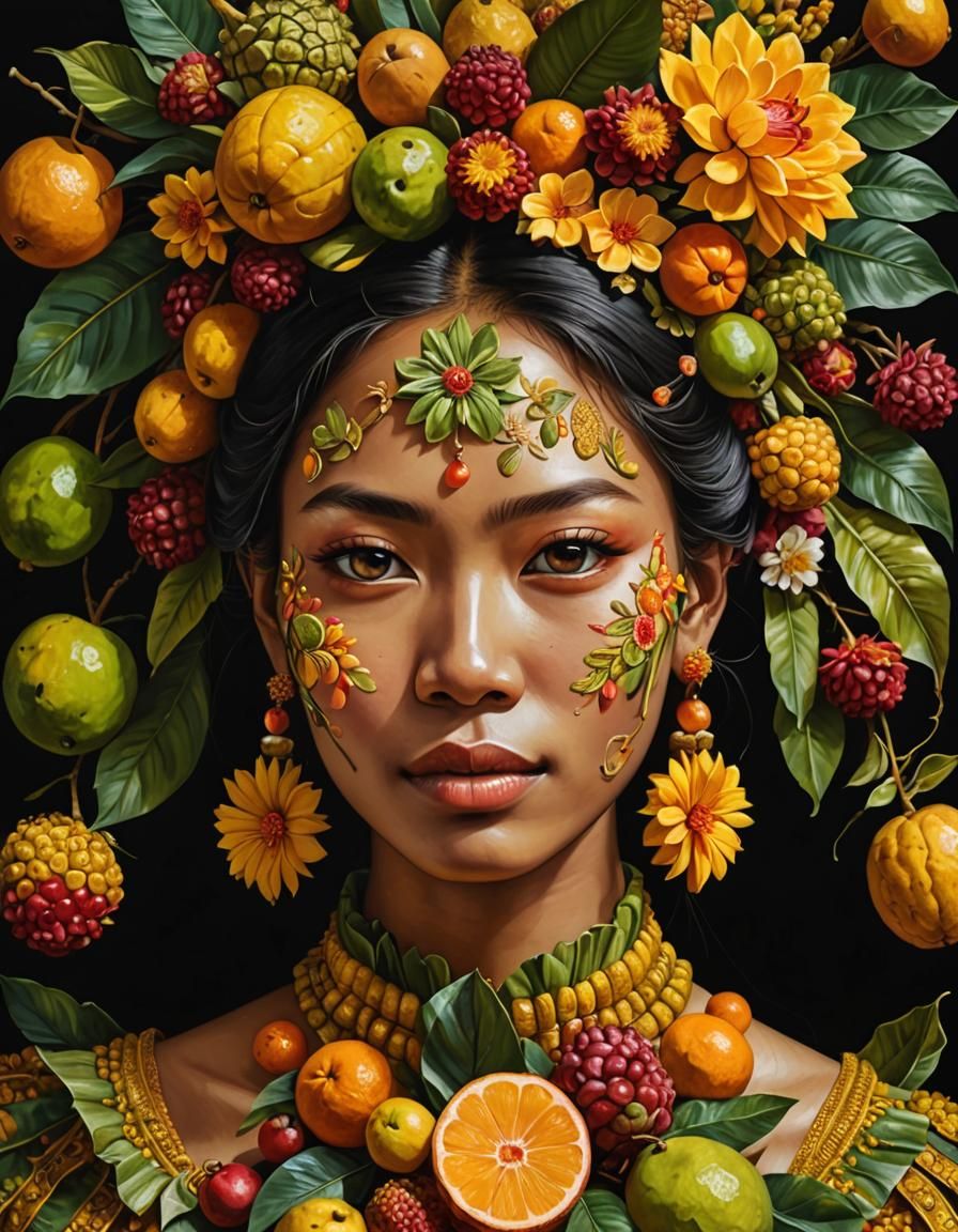Surreal Fruit Girl Oil Painting in Arcimboldo Style
