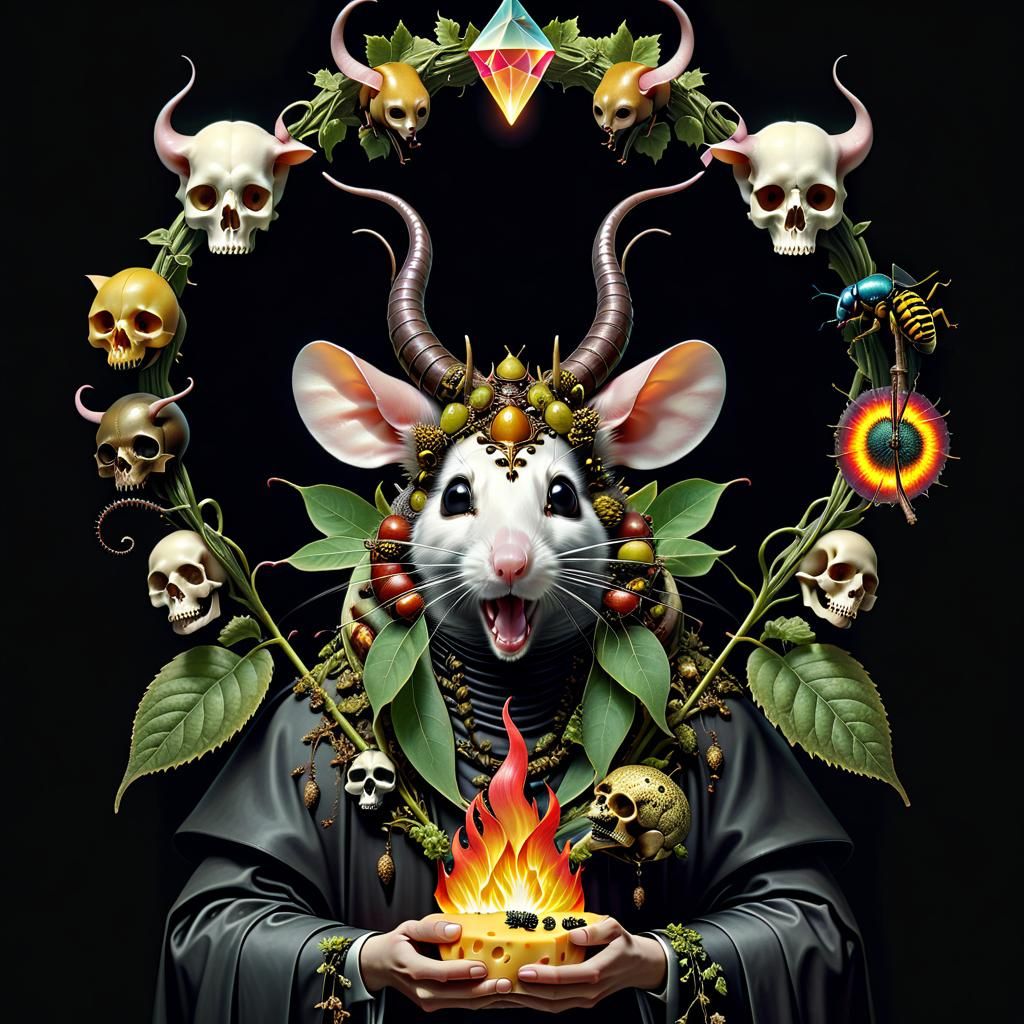 Geometric Cheese with Grotesque Insects in Dark Fantasy Styl...