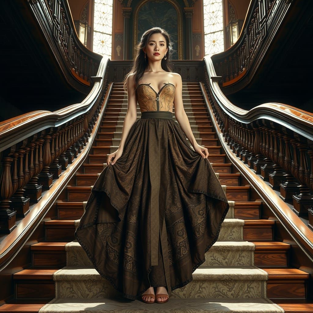 Woman on Grand Staircase in Futuristic Style