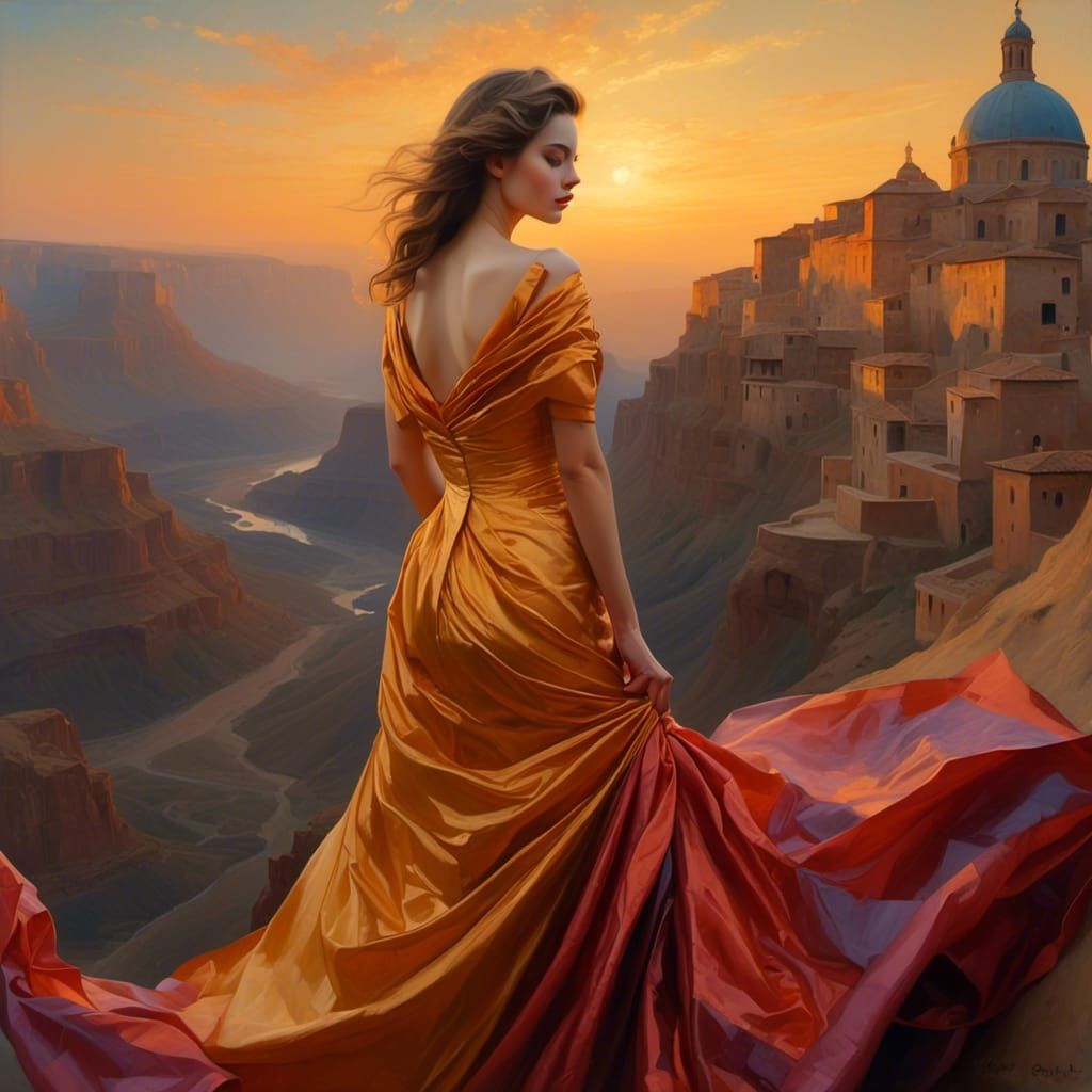 Woman in Flowing Fabric: A Cinematic Oil Painting