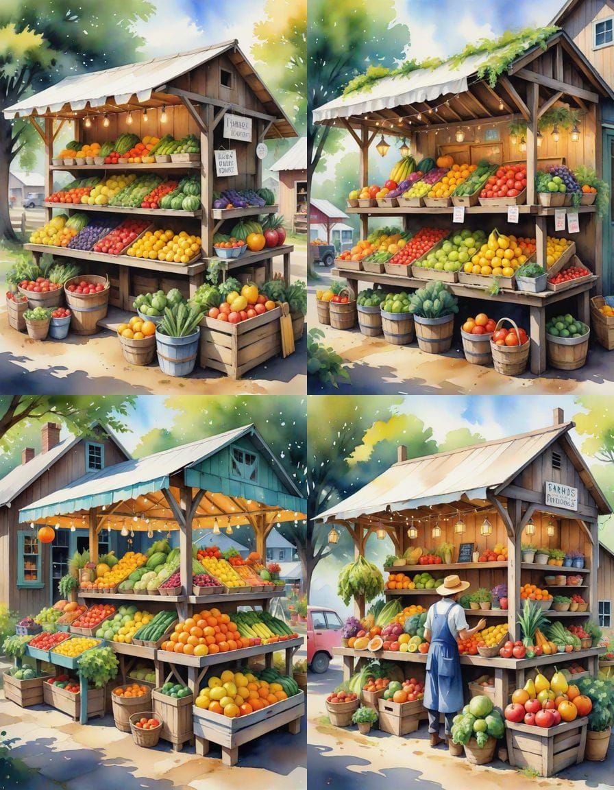 Whimsical Watercolor Farmstand with Animal Farmers