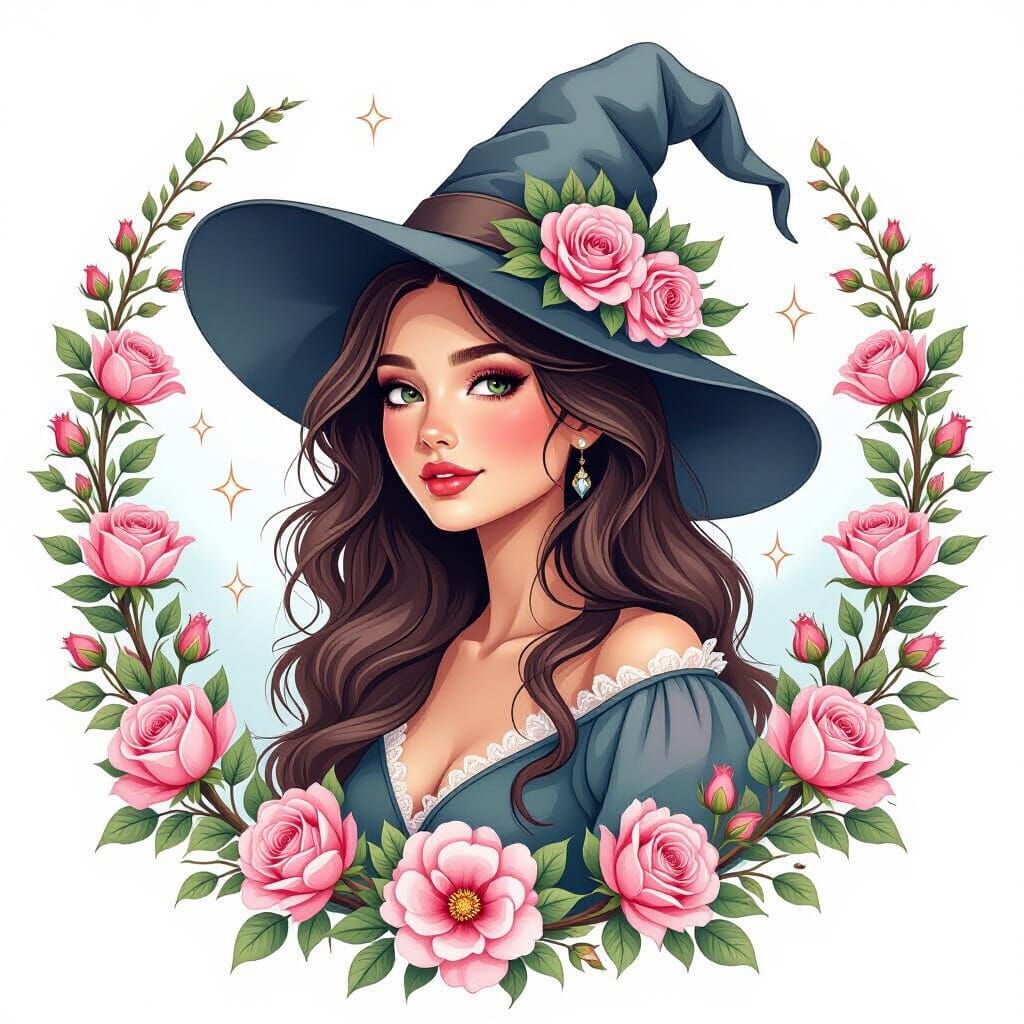 Gentle Witch in Rose Garden: Watercolor and Fine Liners