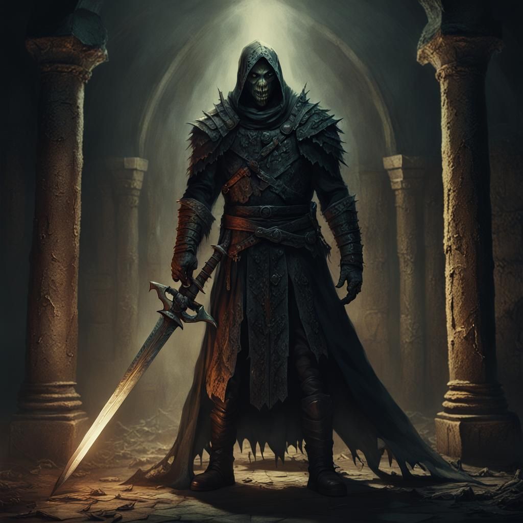 Ghoulish Man with Cursed Sword: Dark Fantasy Art