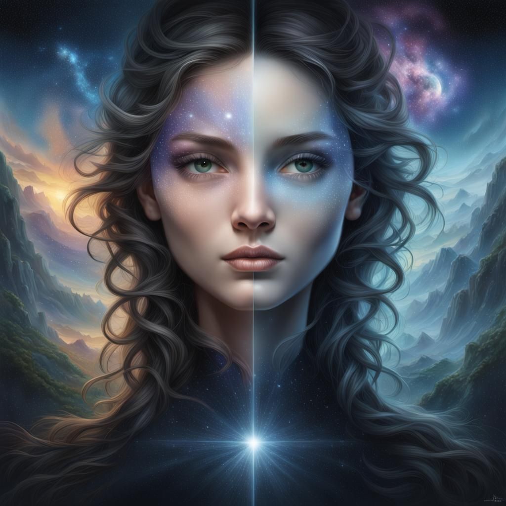 Symmetrical Goddess Split Between Cosmic and Noir Realms