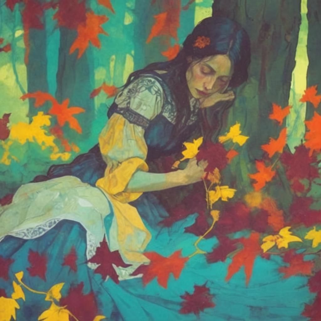 Dreamy Woman in Forest, as Lino Print