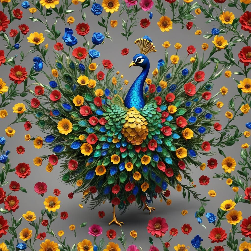 Metallic Peacock in Blossoms: 3D Animation NFT