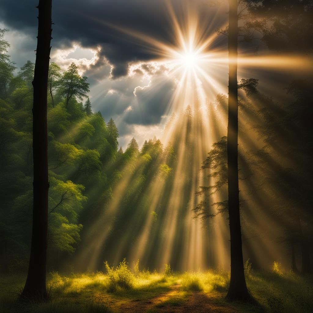 Ethereal Light Beams Through Forest Canopy
