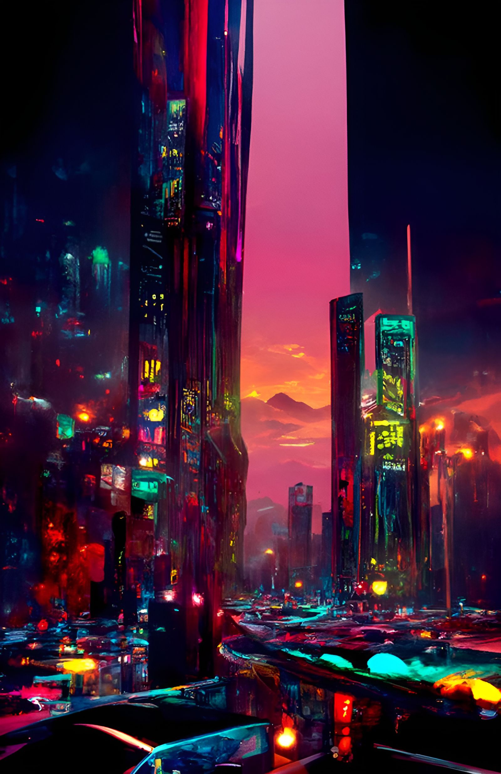 Hyperdetailed Neon Cityscape at Night in Retrowave Style