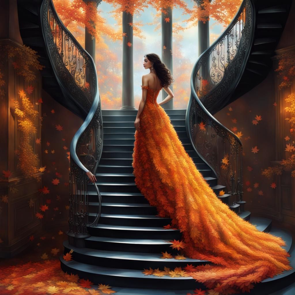 Woman Descending Crystal Staircase in Autumnal Gown